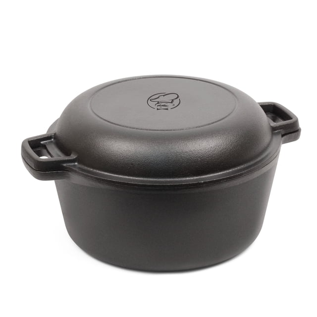 Commercial CHEF CHFL508 Seasoned Cast Iron 5 Quart Dutch Oven with Skillet Lid