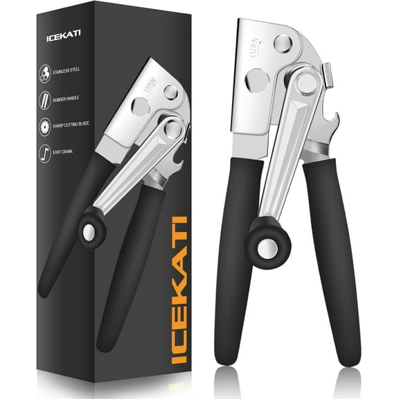 Commercial Can Opener, ICEKATI Can Opener Manual Heavy Duty Easy for Big Cans with Magnet, Folding Hand Crank Can Opener With Comfortable Long Handles, Smooth Edge Can Opener With Carbon Steel Blade