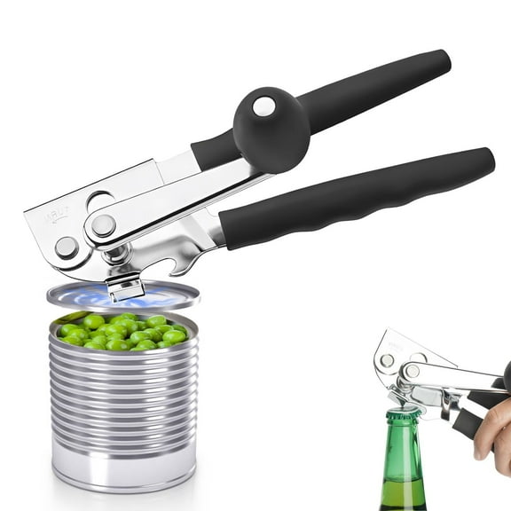 Commercial Can Opener Stainless Steel Handheld Can Opener Smooth Edge with Easy Crank Handle Black Swing Grips for Bulk Cans and All Size Cans