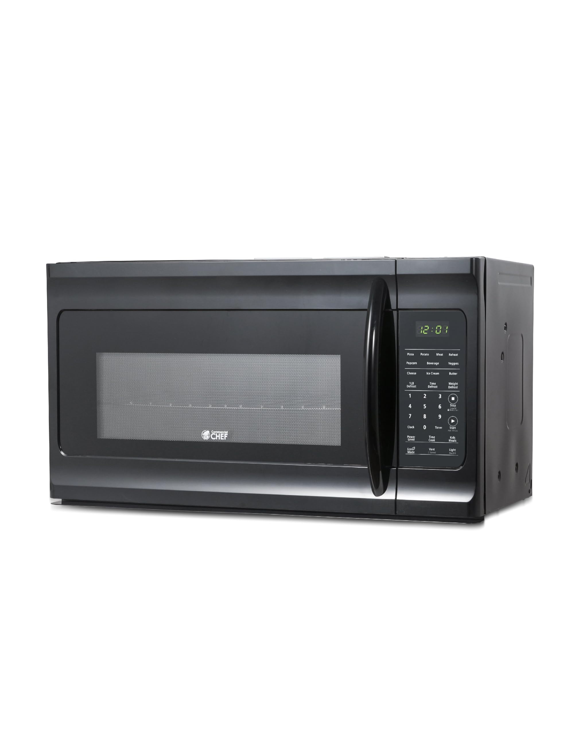 Commercial Chef 1.7 Cu. Ft. Over-The-Range Microwave Oven, 1000 Watt Microwave with 10 Power Levels, 300 CFM Hidden Vent Hood Fan, Touch Controls, LED Display, 10 Preset Options, CHMR17GB, Black
