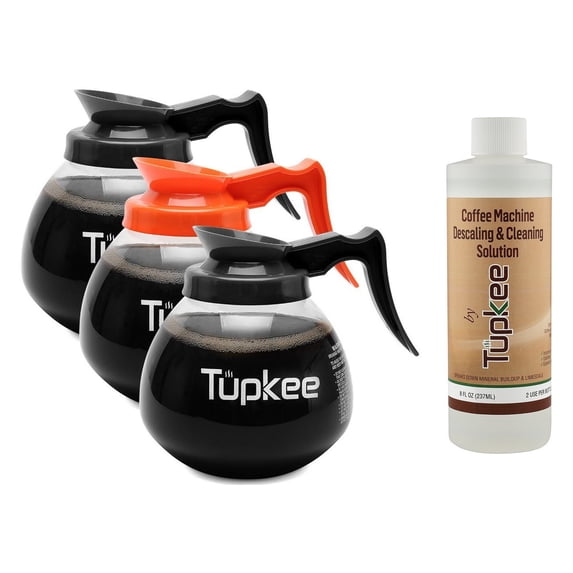 Commercial Coffee Pot Replacement - Restaurant Glass Coffee Pots - 12 Cup, 64 oz, Set of 3 - 2 Black Regular Handle and 1 Orange Decaf + INCLUDES + Tupkee Coffee Machine Descaling & Cleaning Solution