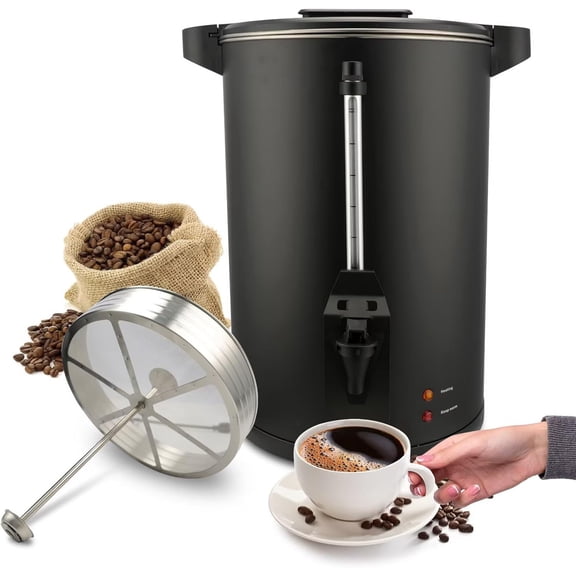 Commercial Coffee Urn, Double Wall Large Percolate Coffee Maker Stainless Steel Hot Water Urn Dispenser with Double Dripless Faucet, Quick-Brewing for Catering, Black