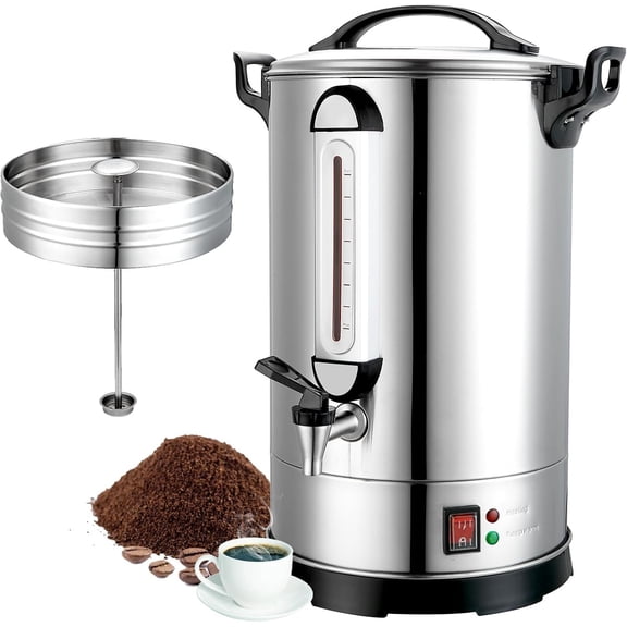 Commercial Coffee Urn Large Coffee Maker 100 Cup Industrial Electric Coffee Percolator 1300W Quick Brew 304 Stainless Steel Double Wall Hot Coffee Warmer  Water Dispenser for Catering, Church