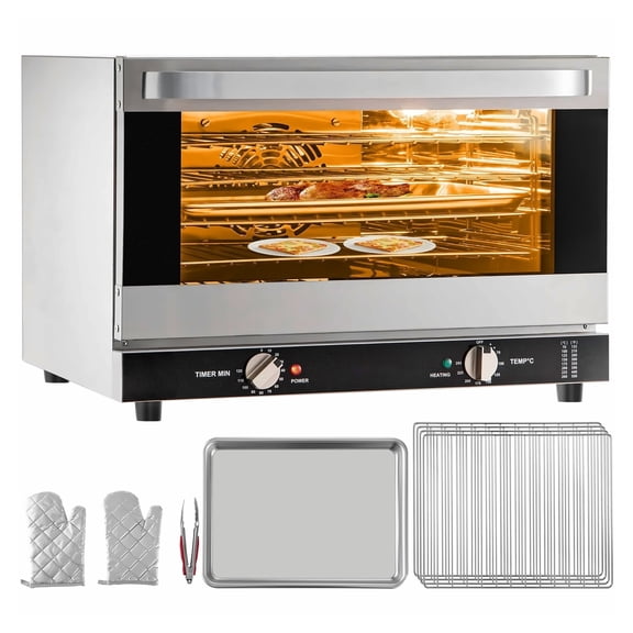 Commercial Convection Oven, 47L/43Qt, Half-Size Conventional Oven Countertop, 1600W 4-Tier Toaster with Front Glass Door, Electric Baking Oven with Trays Wire Racks Clip Gloves, 120V, ETL Listed