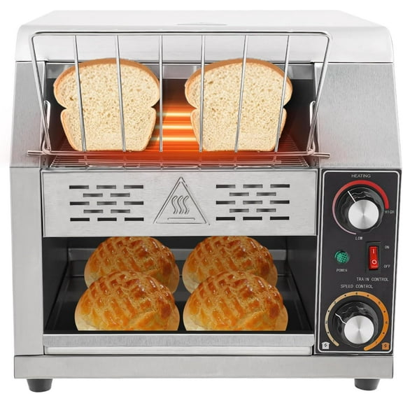 Commercial Conveyor Toaster, 1900W Heavy Duty Industrial Conveyor Toaster w/Double Heating Tubes, 2 Heating Modes 7 Speeds, Stainless Steel Toaster for Bun Bagel Bread Baked (300 Slices/h)
