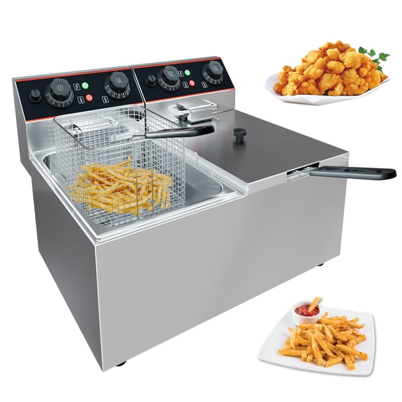Commercial Deep Fryer with 2 Basket, 16.8QT/16L Countertop Electric Deep Fryer with Double Tanks and Temperature Control for Restaurant and Home Use, 1800 W+1800 W