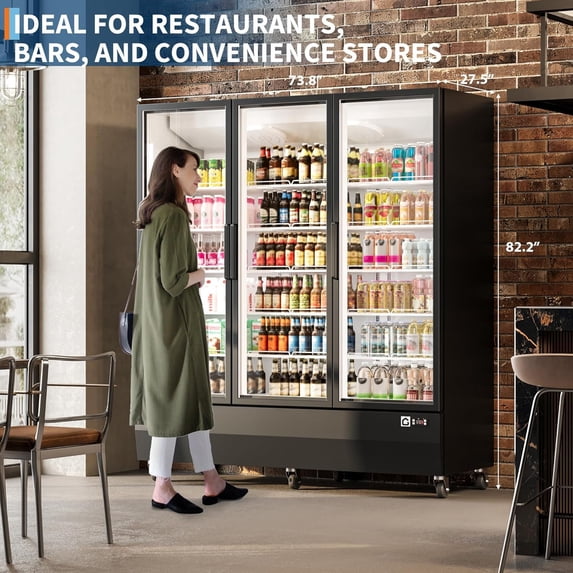 Commercial Display Refrigerator 56.6 Cu.Ft 3 Glass Door Beverage Cooler with Soft LED Lighting, 8 Heavy-Duty Castors,Upright Beverage Fridge with Fan Cooling Perfect for Restaurants, Convenience Store