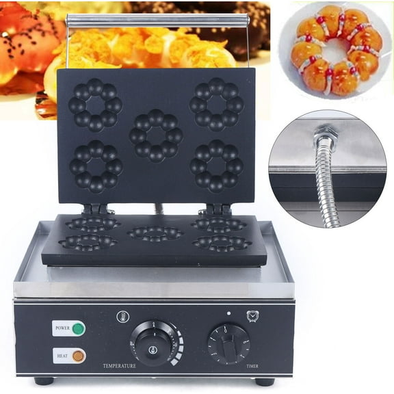 Commercial Donut Maker 1500W Electric Donut Doughnut Maker Making Machine 5pcs Plum Flower Style Donut Waffles Non-stick Waffle Iron Double-Sided Heating Timer Temperature Control Mini Donut Maker