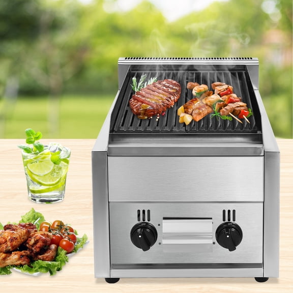 Commercial Double Burner Gas Grill 2 x 14.96 Inch Stainless Steel Barbecue Grill with Volcanic Stone