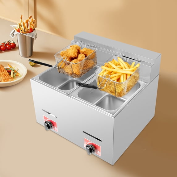 Commercial Double Tank Deep Fryer – 10.6 Qt Countertop Propane Fryer with 2 Independent Baskets, 2800 Pa High Pressure, 430 Stainless Steel, Floor Standing Gas Fryer for Restaurants, Food Trucks