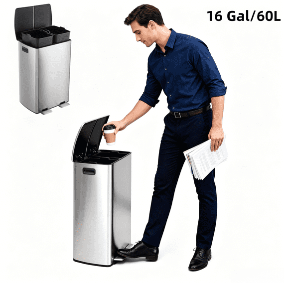 Commercial Dual Trash Can, 16 Gallon Stainless Steel Recycling Bin with Plastic Inner Buckets for Kitchen, Home, Office, Silver