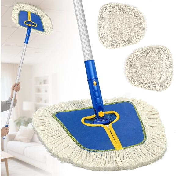 Commercial Dust Mop for Hardwood Floors Cleaning, Heavy Duty Industrial Dry with Wedge Cotton Pads Walls Cleaner,Tile,Vinyl,Laminate, Floor Duster Broom Home and Business Use,Blue