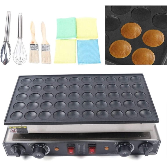 Commercial Dutch Pancakes Maker, 50-hole Grid Muffin Machine Electric Waffle Dorayaki Maker, 2 Switch 5-minutes Timer Setting, Stainless Steel Body+ Non-stick Cast-iron Plate