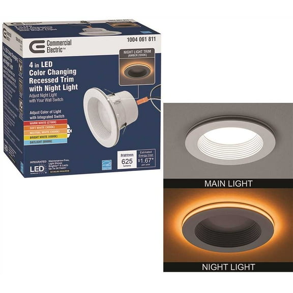 Commercial Electric 4 in. Selectable Integrated LED Recessed Trim Can Light with Night Light Feature 5 CCT 625 Lumens 11 Watts Dimmable
