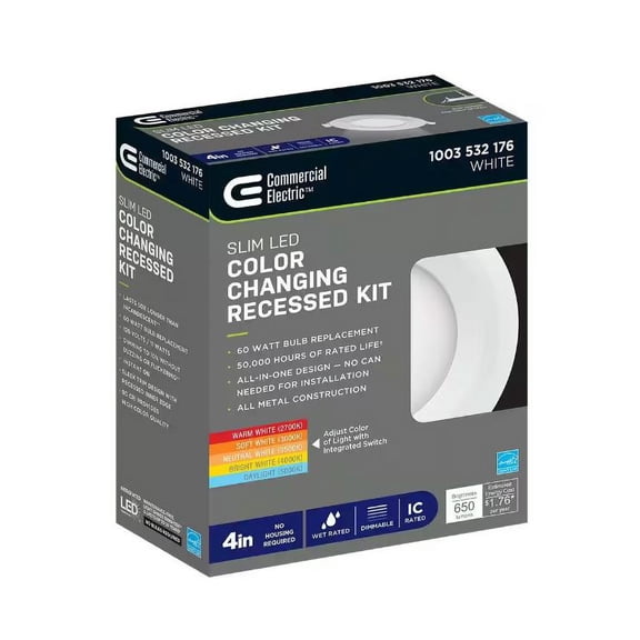 Commercial Electric 4 in. Adjustable CCT Integrated LED Canless Recessed Light Trim 650 Lumens Kitchen Bathroom Remodel Wet Rated Dimmable