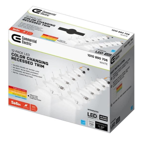 Commercial Electric 5/6 in. Integrated LED Recessed Retrofit Light Trim with Selectable Color Temperature, (12-Pack)