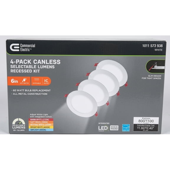 Commercial Electric 6 in. 4-Pack Selectable Lumens Canless Recessed LED Downlight Kit, Dimmable, Adjustable White 2700K-5000K