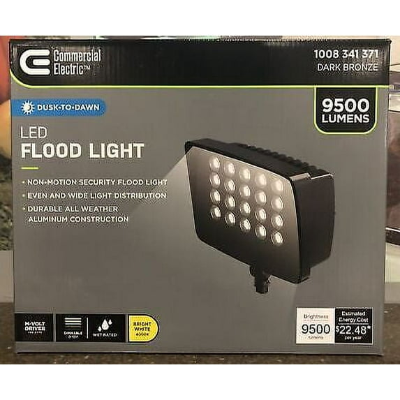 Commercial Electric 650W Equivalent Integrated LED Bronze Outdoor High Output Flood Light, 9500 Lumens, 4000K, Dusk-to-Dawn