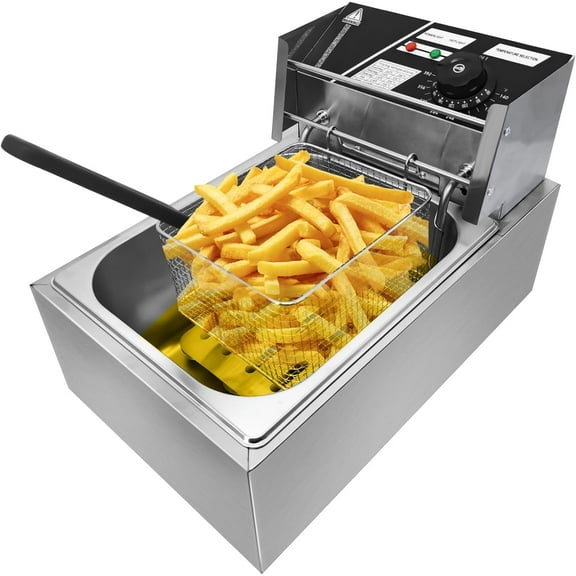 Commercial Electric Deep Fryer w/Basket & Lid, 11.4QT Countertop Kitchen Frying Machine, Temperature Adjustable Stainless Steel French Fryer for French Fries, , 2500W