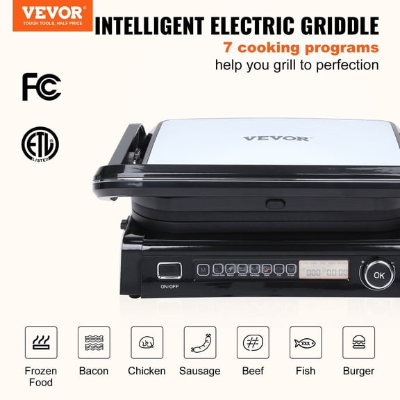 Commercial Electric Griddle 1800W, 14.4" Non-Stick Restaurant Grill with Precise Temp Control (0-446F), Stainless Steel Teppanyaki Plate - 7-in-1