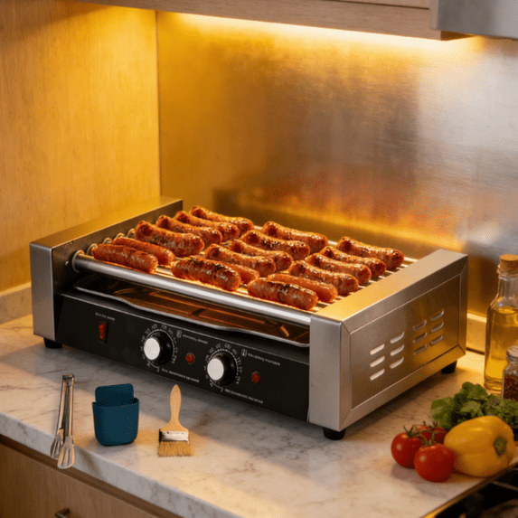 Commercial Electric Hotdog Grilling Cooker 7 Rollers for 18 Hotdogs Stainless Steel Hot Dog Warmer Grilling Machine with Cover, Grade 1200W (22.4''W)