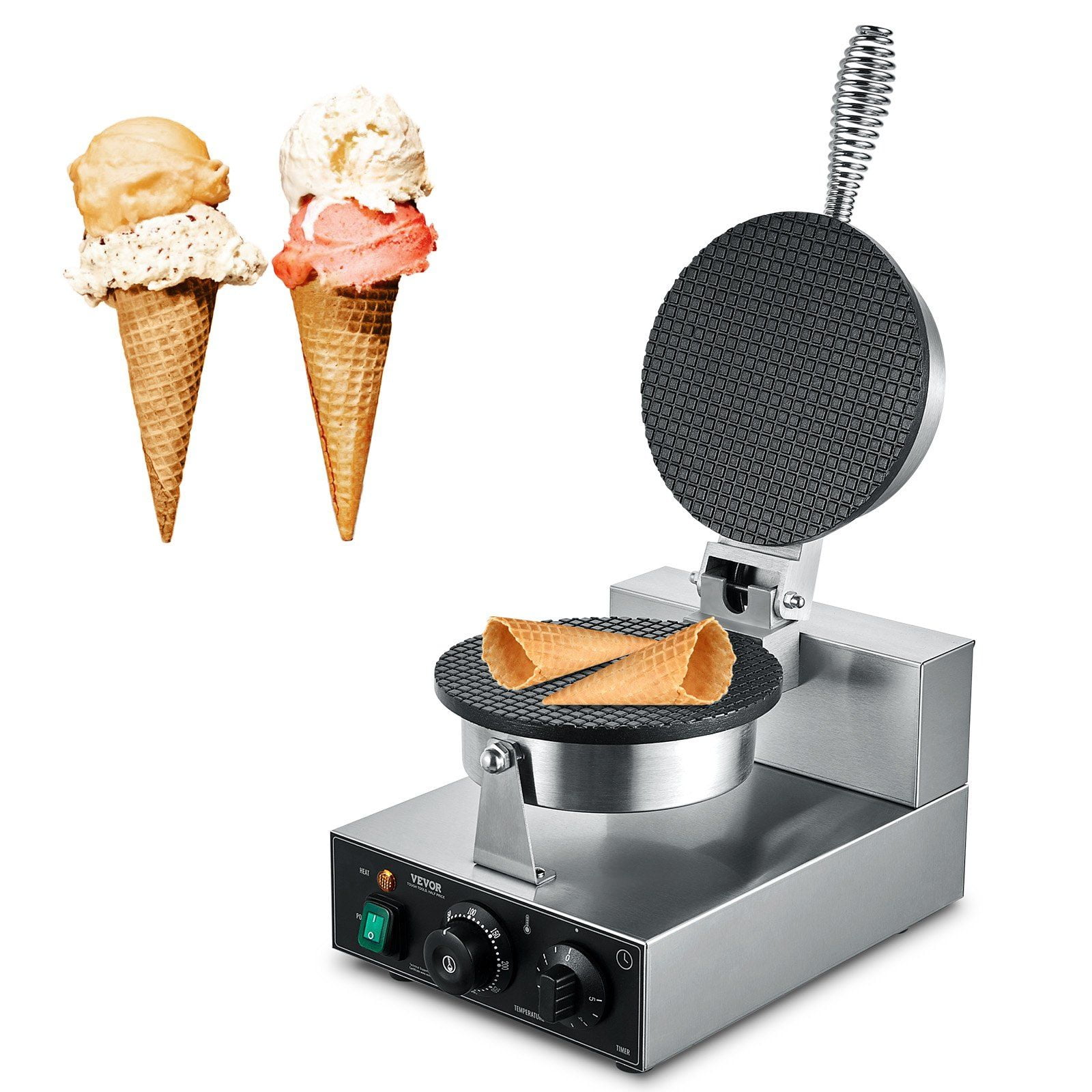 Commercial Electric Ice Cream Cone Maker 1230W Waffle Cone Machine Non Stick Stainless Steel Egg Roll Mold with Temperature Time Control Handle for Restaurant Bakery Snack Bar Family