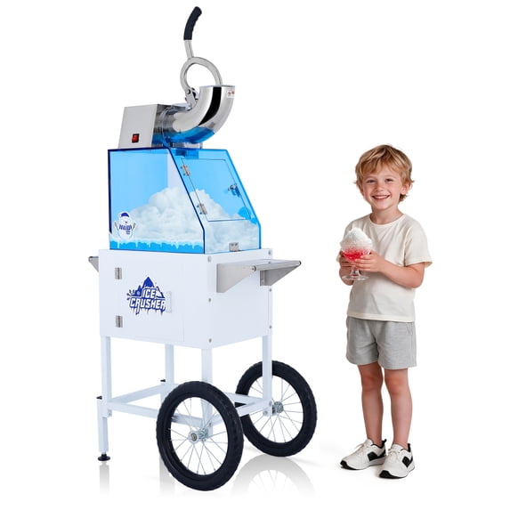 Commercial Electric Ice Crusher with Mobile Wheeled Cart, Trapezoidal Transparent Visible Storage Bin Snow Cone Machine, Shaved Ice Maker for Outdoor Stall, Carnival, Party.