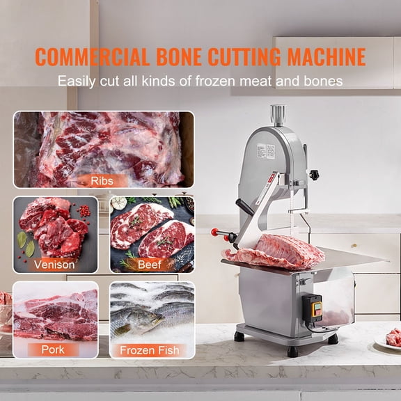 Commercial Electric Meat Bandsaw, 1500W Stainless Steel Countertop Bone Saw Machine with 19.3 x 15 in Table, 0.16-7.9 in Cutting Thickness and 6 Blades for Frozen Meat, Rib, Pork and Beef
