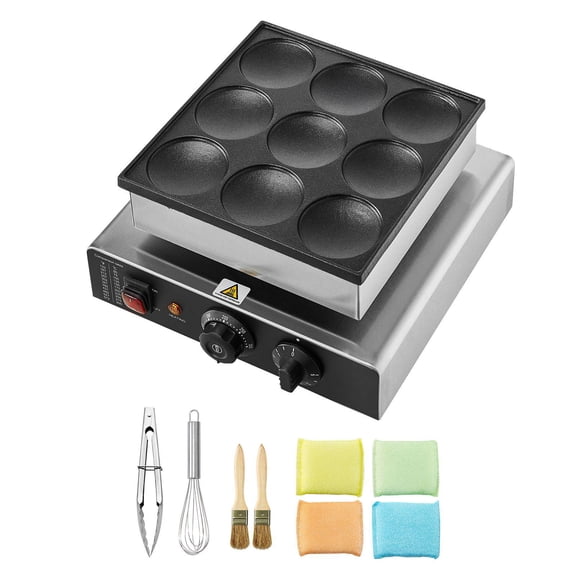 Commercial Electric Pancake Maker 850W Nonstick Stainless Steel 9 Piece Set 76mm Domed Griddle Pan with Temperature Time Control for Home Kitchen Restaurant Snack Shop
