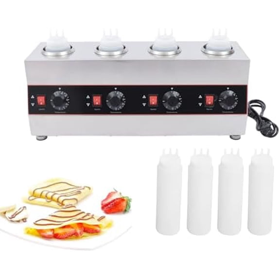 Commercial Electric Sauce Warmer 4 Bottle Topping Dispenser Nacho Cheese Dispenser Warmer with 650ml Bottles Hot Fudge Caramel Jam Sauce Heated Pump Dispenser 30-85 Adjustable 110V