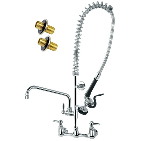 Commercial Faucet with Sprayer Commercial Kitchen Faucet with Sprayer with 12" Swing Spout, 36" Height Compartment Sink Faucet for Industrial Restaurant, 8" Adjustable Center, Chrome, Brass