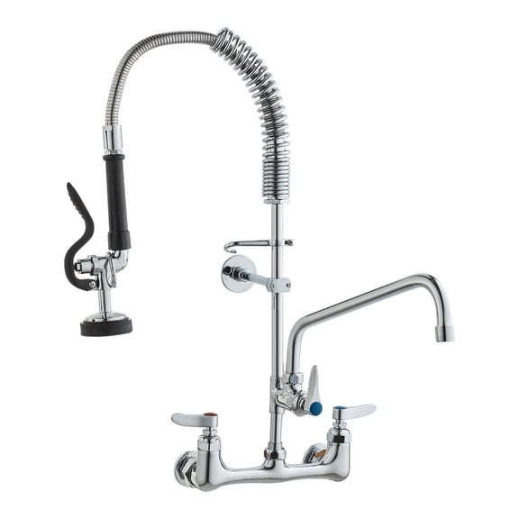 Commercial Faucet with Sprayer, 25" Wall Mount Kitchen Faucet, 8" Center, 12" Swing Spout, Brass Pre-Rinse Faucet for 3 Compartment Sinks