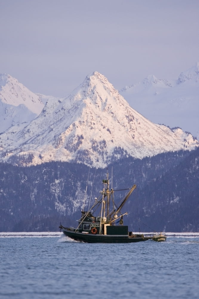Commercial Fishing Boat In Kachemak Bay WSnow Covered Kenai Mtns Poots Peak Kenai Peninsula Alaska Winter Canvas Art - Scott Dickerson Design Pics (22 x 34)