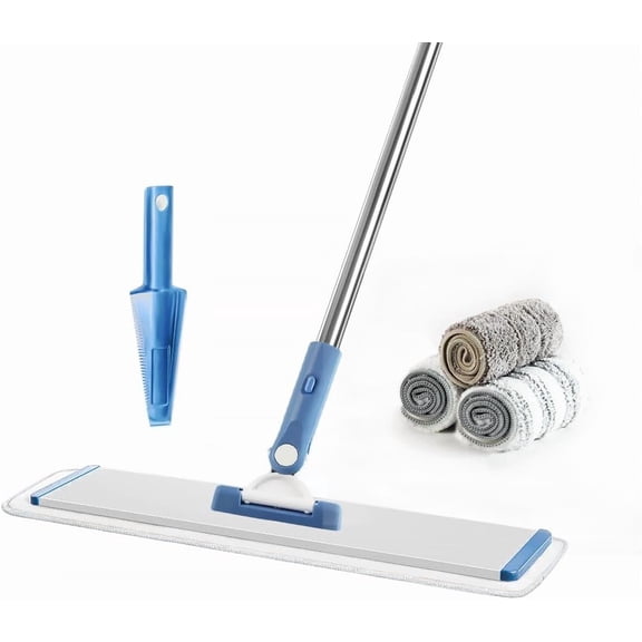 Commercial Flat Microfiber Floor Mop Cleaning System 18" Inch Wet Dry and Dust Hardwood with 4 Washable Pads Cleaner for Laminate Tile Stainless Steel Handle and Extension (PT13-Blue)