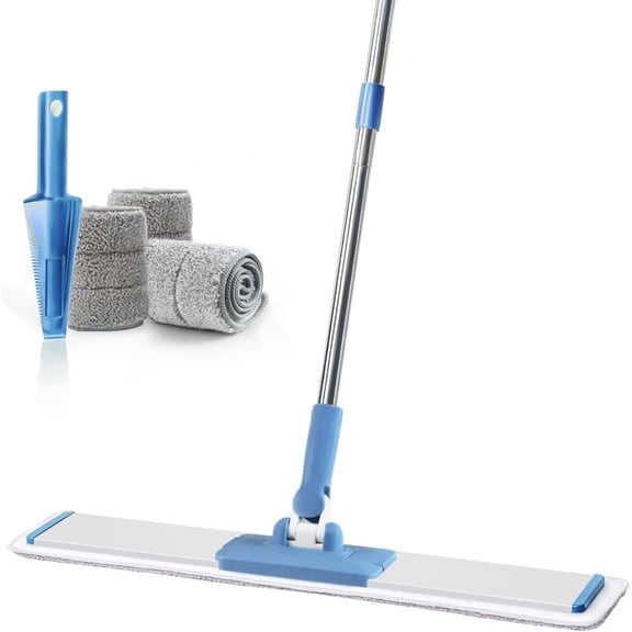 Commercial Flat Microfiber Floor Mop Cleaning System 24" Inch Wet Dry and Dust Hardwood with 4 Washable Pads Cleaner for Laminate Tile Stainless Steel Handle and Extension (Blue)