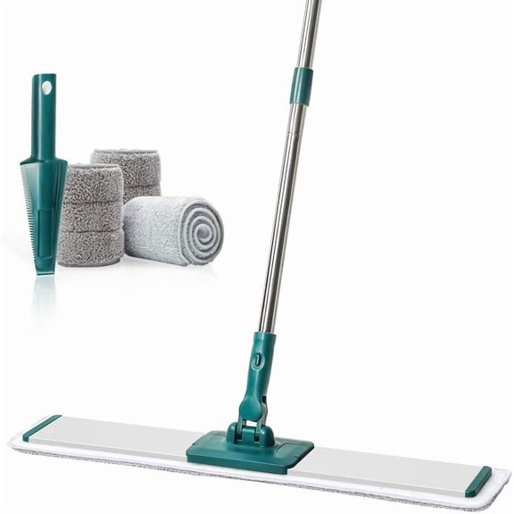 Commercial Flat Microfiber Floor Mop Cleaning System 24" Inch Wet Dry and Dust Hardwood with 4 Washable Pads Cleaner for Laminate Tile Stainless Steel Handle and Extension (PT14 Green)