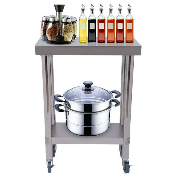 Commercial Food Prep Table, Stainless Steel Heavy Duty Metal Work Table Workbench with Wheels & Shelves for Restaurant Kitchen Silver 23.62*11.81*33.46in