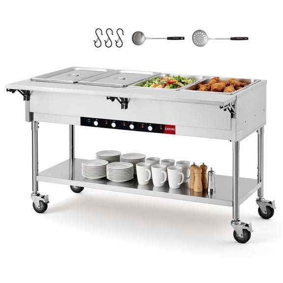 Commercial Food Steam Table Buffet Warmer, 4-Pan Mobile Dry-Heating Food Warmer 2000W, Stainless Steel Catering Steam Table with Wheels, Restaurant Buffet Server, Dry-heating