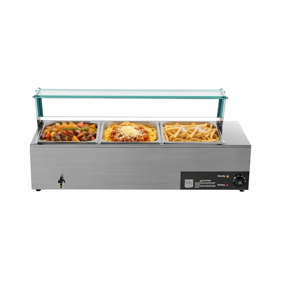Commercial Food Warmer - 1500W Electric Steam Bain Marie, 3-Pan Stainless Steel Buffet Server with Glass Cover & Ladles - Catering, Restaurant, Party