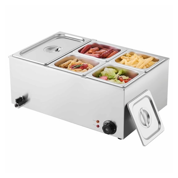 Commercial Food Warmer 24QT, 5-Pan Steam Table, 1200W Bain Marie, Stainless Steel Buffet Warmer with Temperature Control 86-185F for Catering & Restaurants