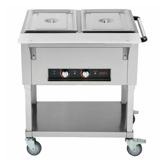 Commercial Food Warmer 2x20.6QT, Electric Steam Table, 1000W Stainless Steel Buffet Server w/ Wheels