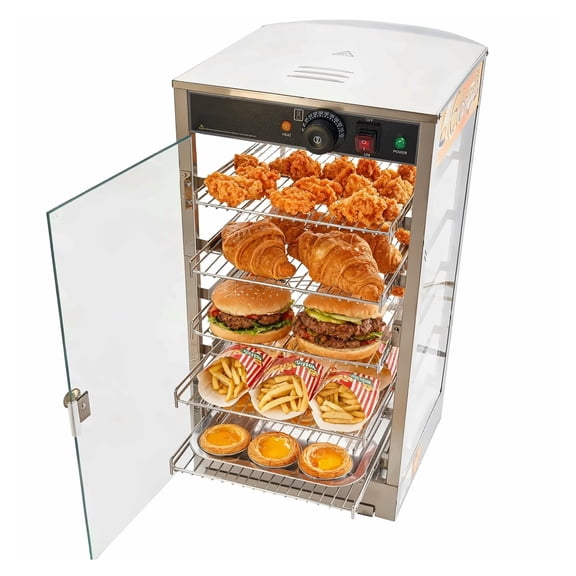 Commercial Food Warmer Display, 800W 5-Tier Heated Food Showcase with LED Light, Adjustable Shelves, Stainless Steel Frame for Pizza, Bread, Chicken