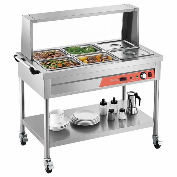 Commercial Food Warmer Steam Table 6 x 1/2 Pans, Stainless Steel, Undershelf & Shield, Electric Buffet Server for Catering & Restaurants