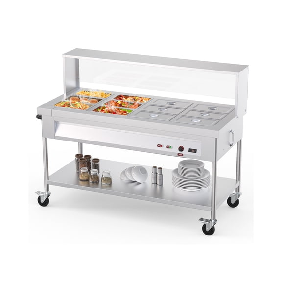 Commercial Food Warmer Steam Table 96QT 12x8QT Stainless Steel Pans Acrylic Shield 1500W 110V Countertop Buffet Equipment Lockable Wheels Adjustable Temperature