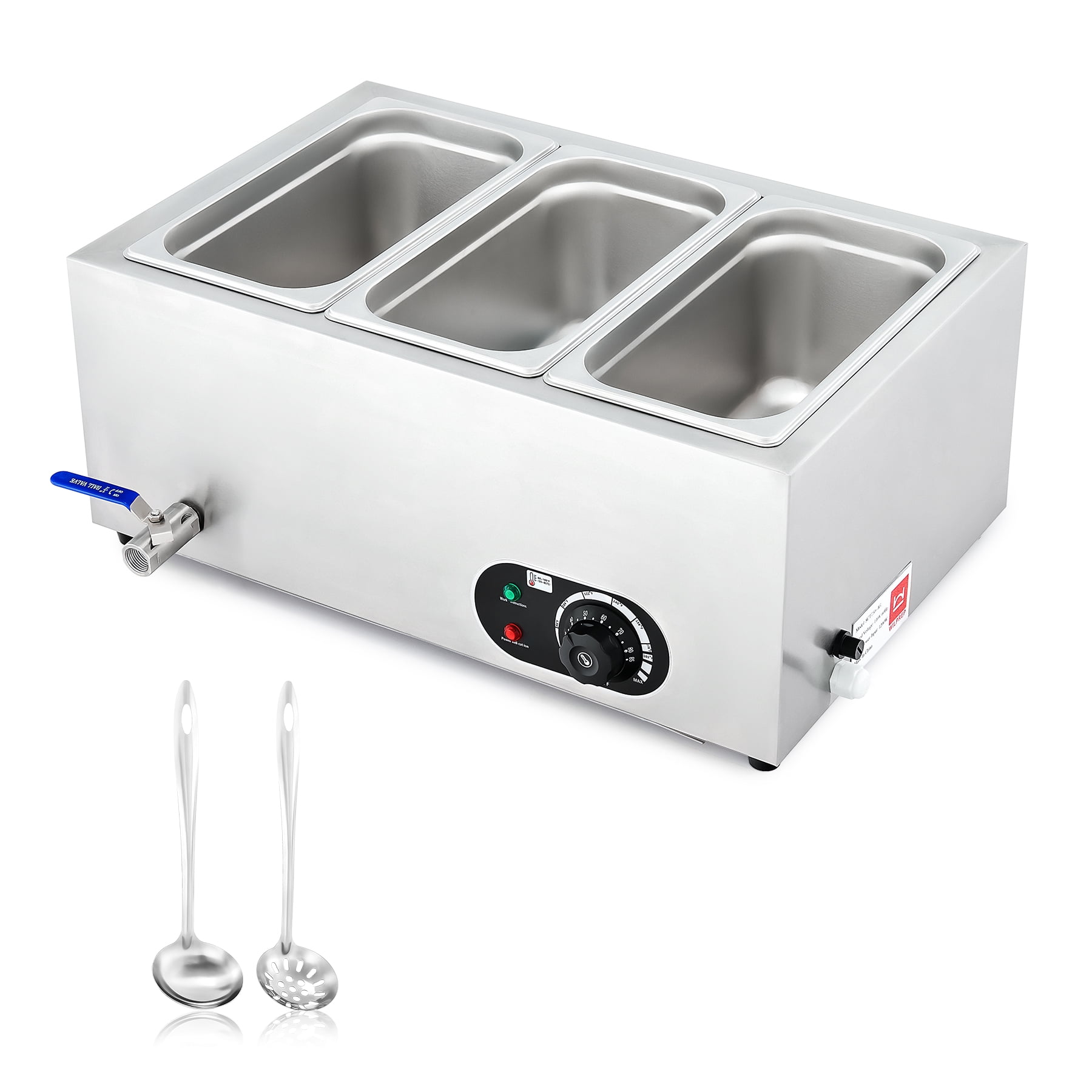 Commercial Food Warmer with 3 Stainless Steel Pans Lids Shelf and 1/3 Size Pans