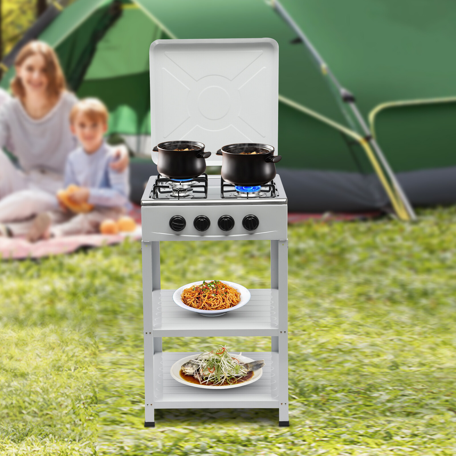 Commercial Free Standing 4 Burner Gas Cooktops Kitchen Cooking Stove With Shelf White 19.3*19.3*31.1inch for Home Cooking, Family Emergency Backup