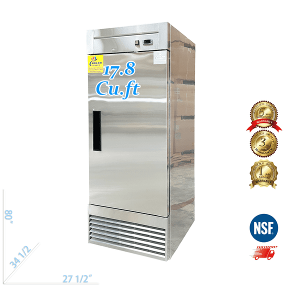 Cooler Depot  27 inch, 17.8 Cu. Ft, Solid door Upright Reach-In Commercial Restaurant Freezer, Stainless Steel, NSF Certified.