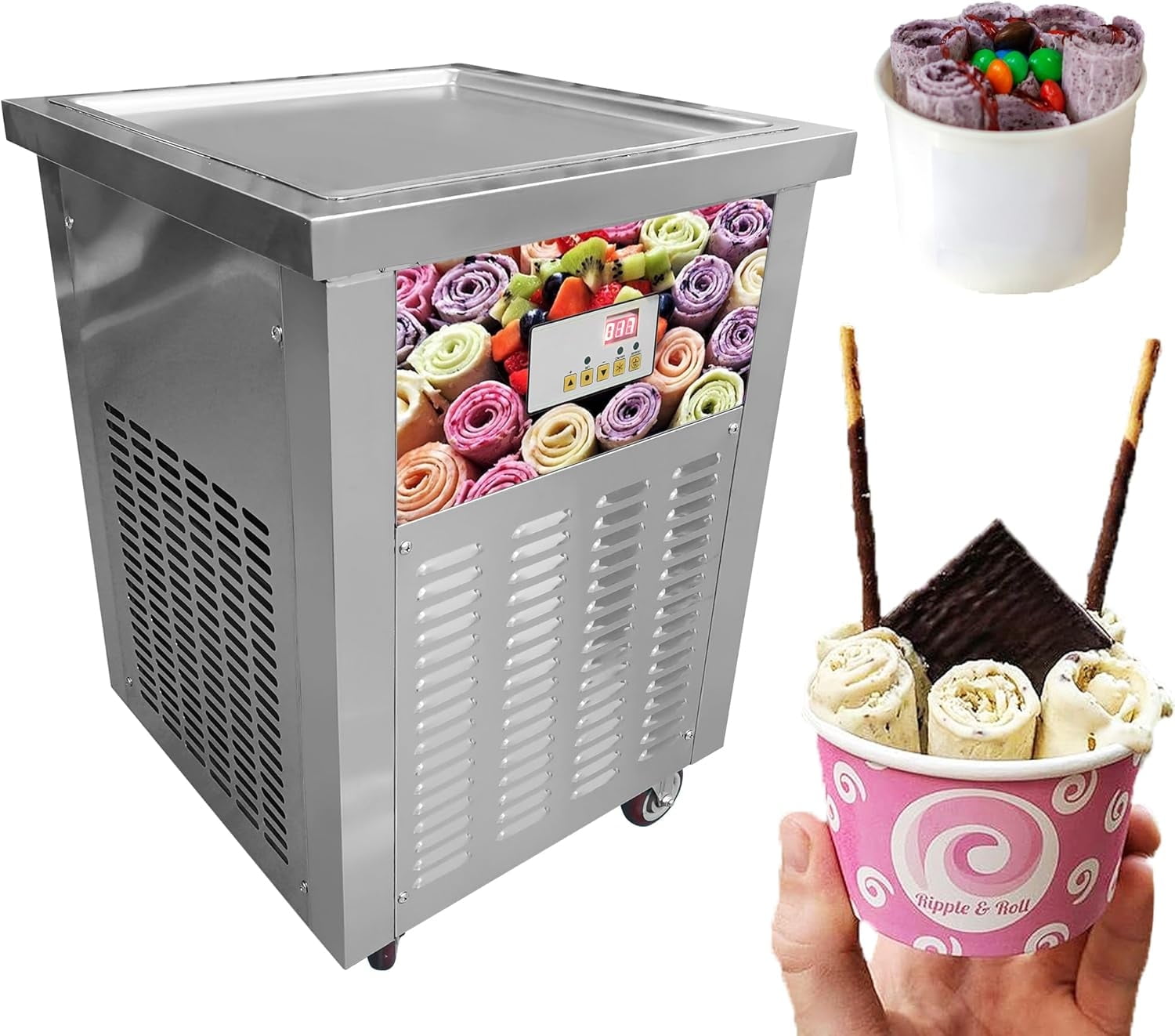 Commercial Fried Ice Cream Roll Machine, 22'' Square Pan Stir Fry Ice Cream Maker, NO HOT SPOT Electric Frozen Yogurt Flat Plate Ice Pan Rolled Machine Batch Freezer, 110V, 900W