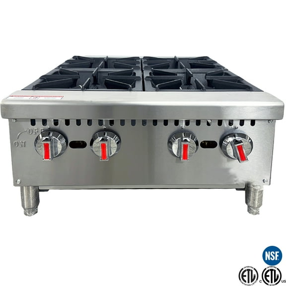 Commercial Gas Hot Plate 4 Burner 120,000 BTU, Stainless Steel Countertop Range with Heavy Duty Cast Iron Grates, ETL & NSF Certified Natural Gas & Propane Convertible