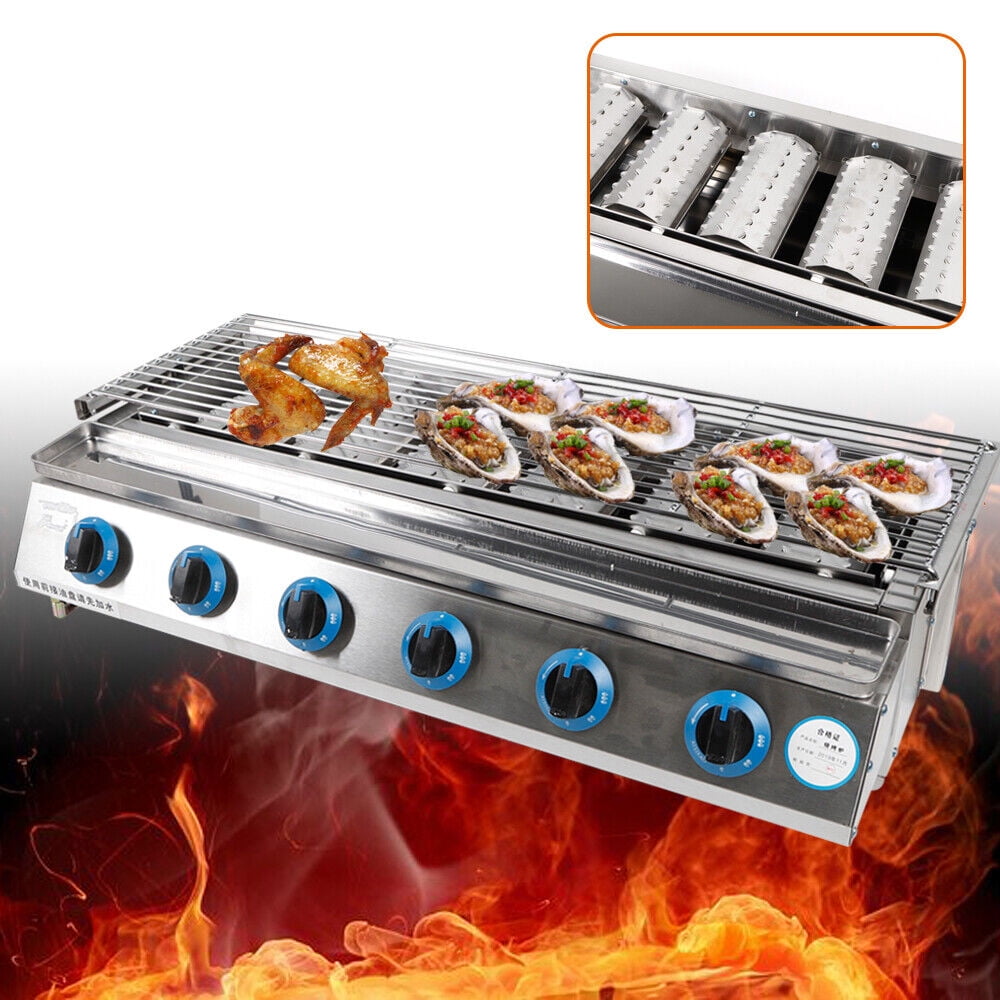 6 Burner Stainless Steel Barbecue Table Top Gas Grill Glass Shield